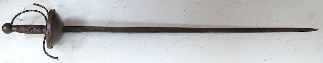 A decorative rapier, fullered blade, cup shaped guard, wrythen guard, blade 84cm. Condition - fair